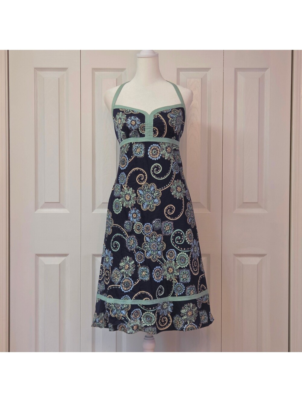 Vintage Y2K Navy Paisley Floral Halter Dress Retro 70s Babydoll Midi Ann Taylor
